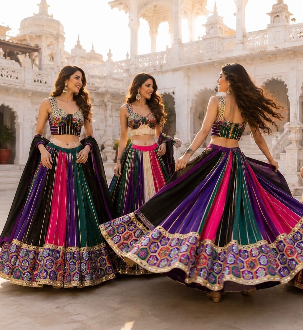 Three models in multi-panel chaniya cholis with heavy embroidered gamthi borders